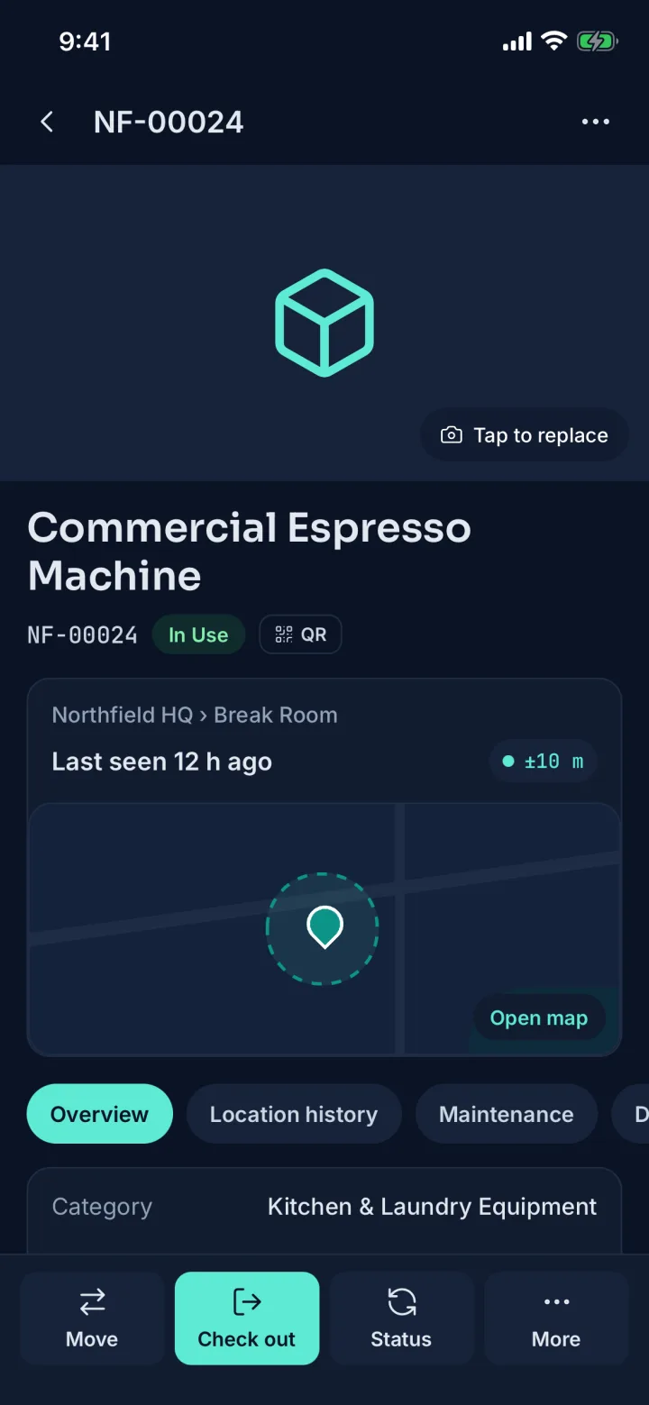 Asset 360 for a Commercial Espresso Machine with last-seen location and map, dark theme (sample data)