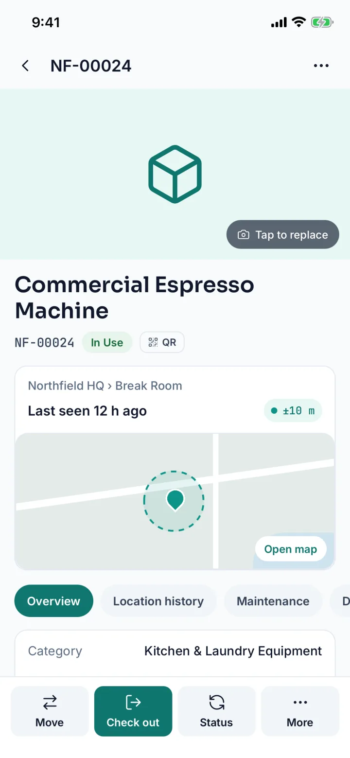 Asset 360 for a Commercial Espresso Machine with last-seen location and map (sample data)