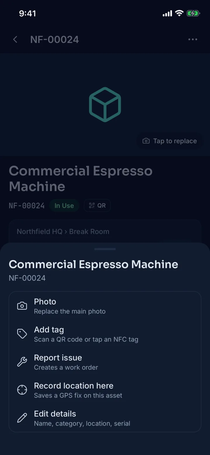 Asset actions sheet with photo, add tag, report issue, record location and edit details (sample data)