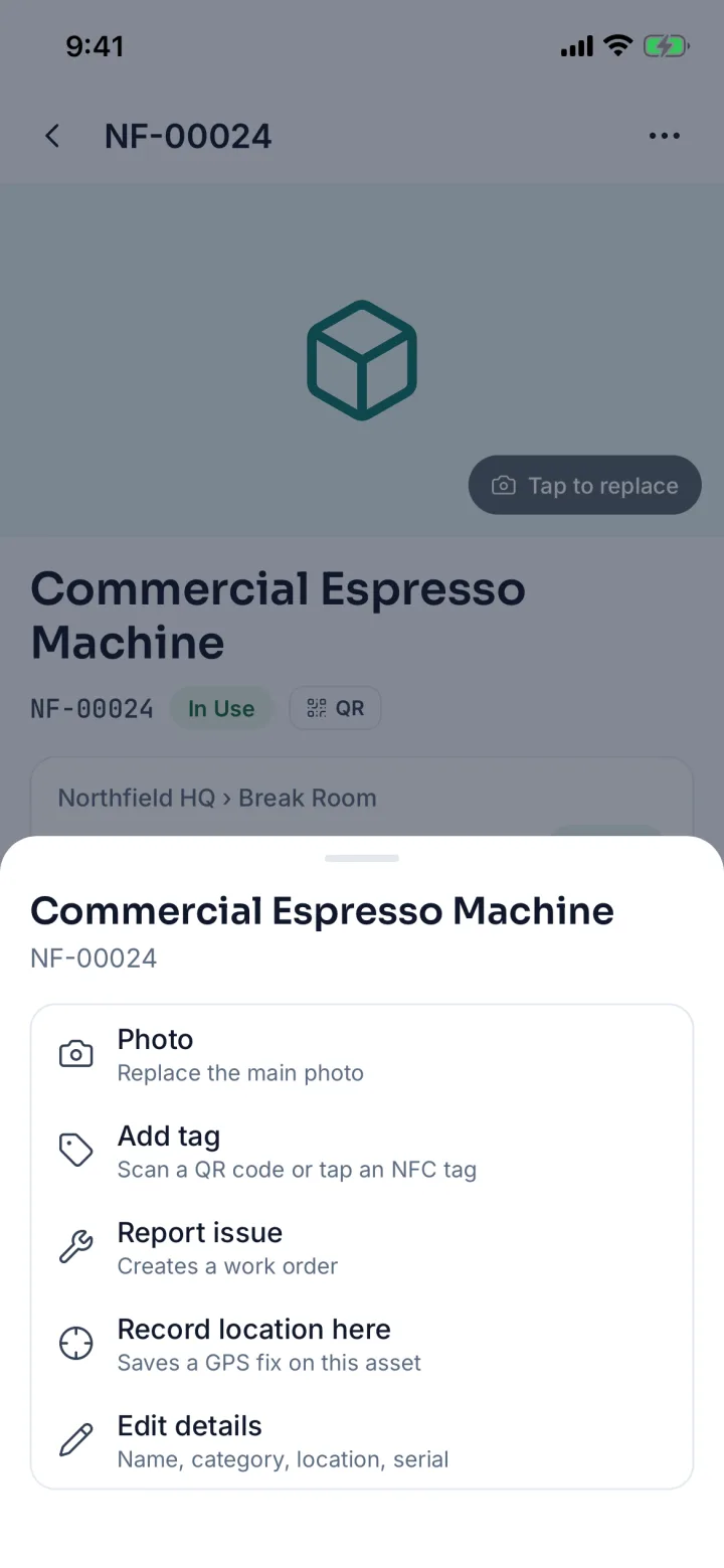 Asset actions sheet with photo, add tag, report issue, record location and edit details (sample data)