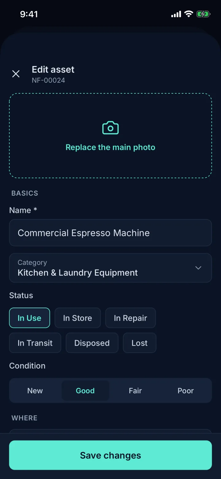 Edit asset form (sample data)