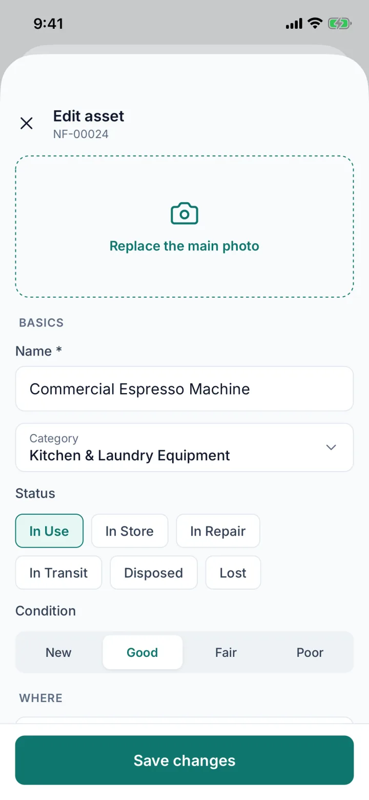 Edit asset form (sample data)