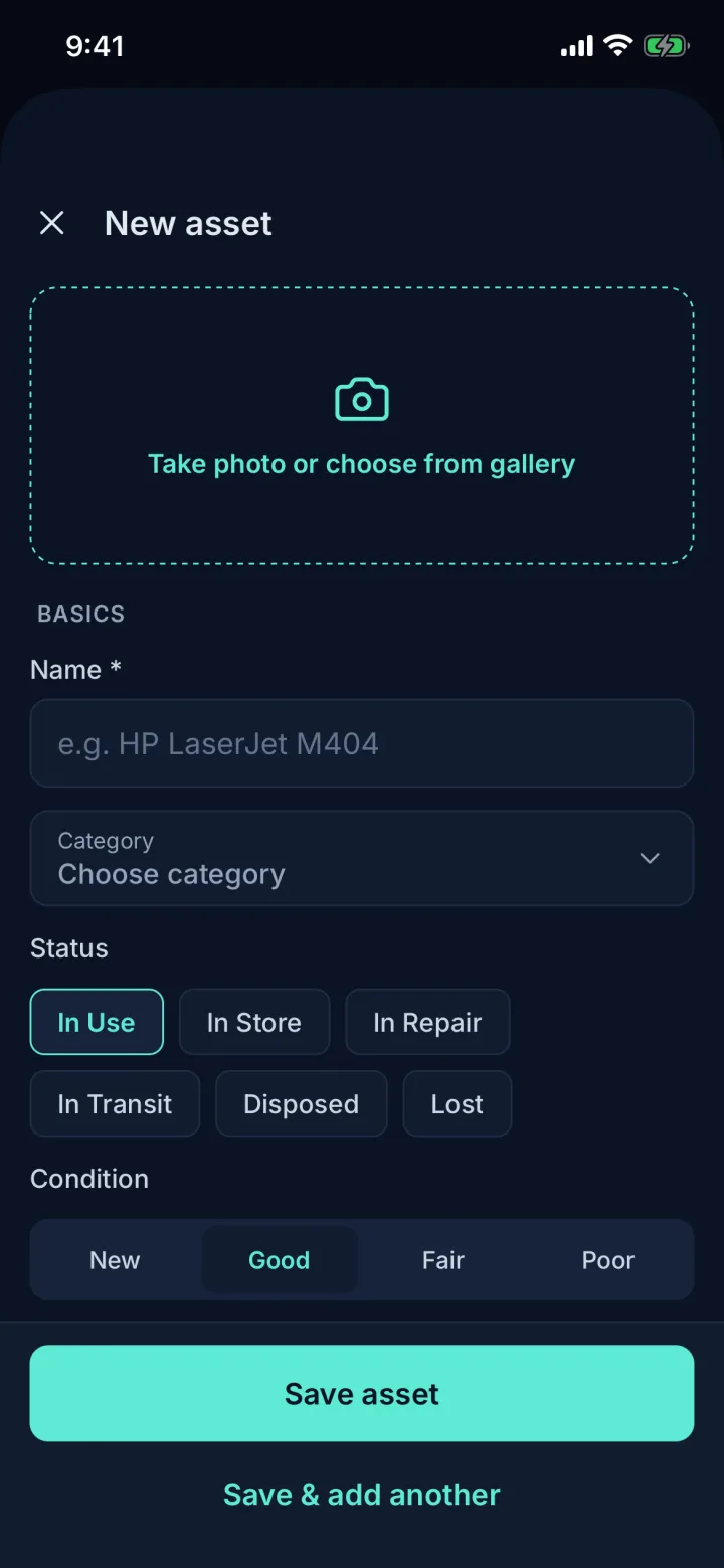 New asset form with photo, name, category, status and condition (sample data)