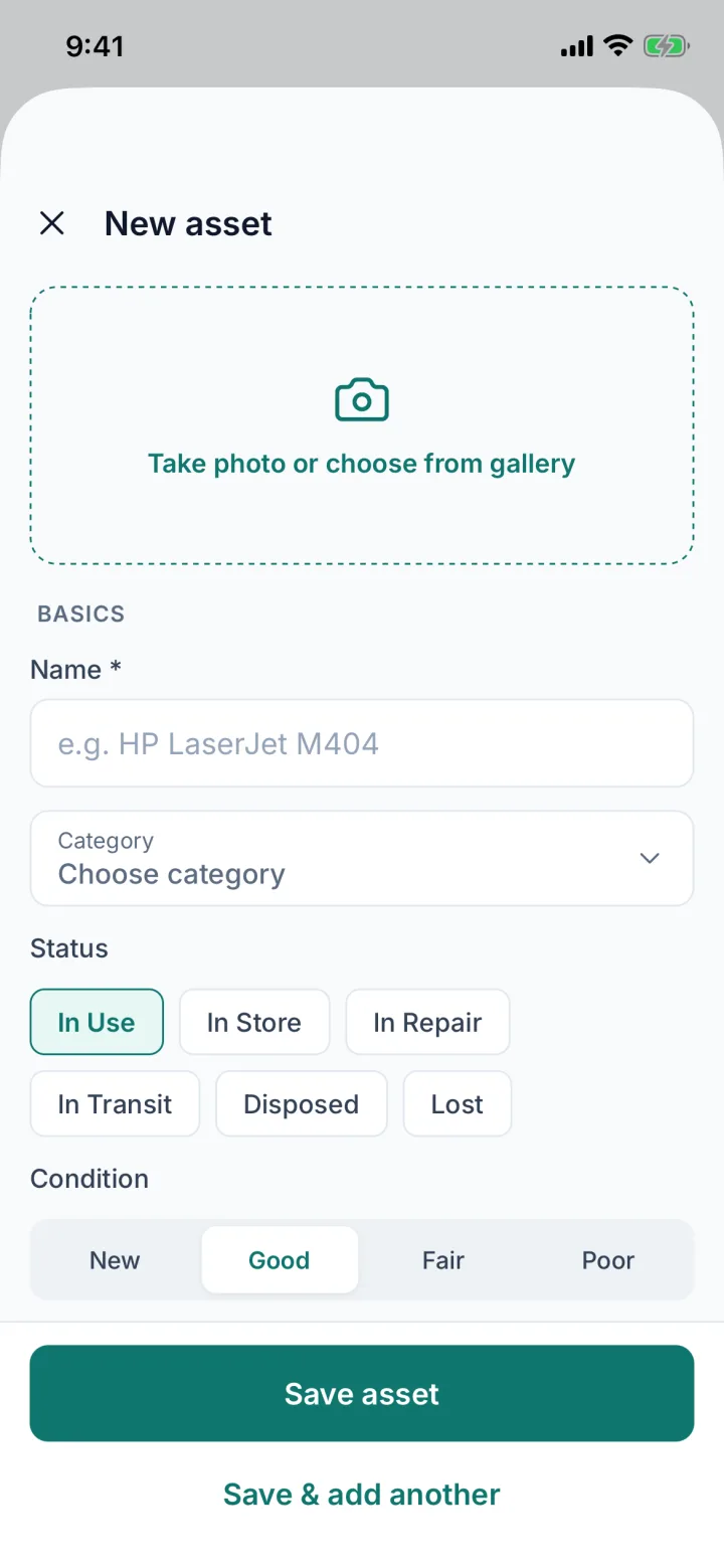 New asset form with photo, name, category, status and condition (sample data)