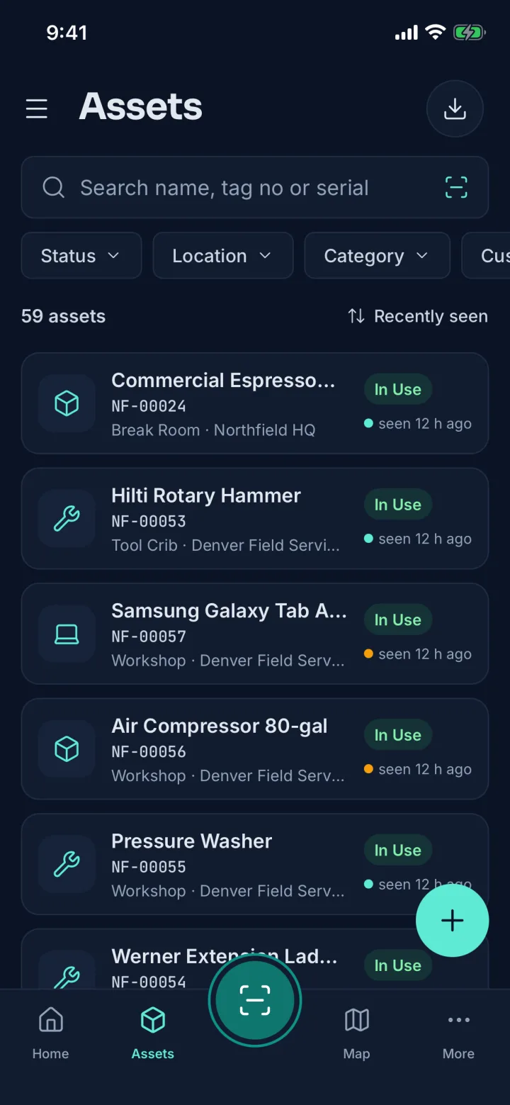 Asset list with search, filters and last-seen times (sample data)