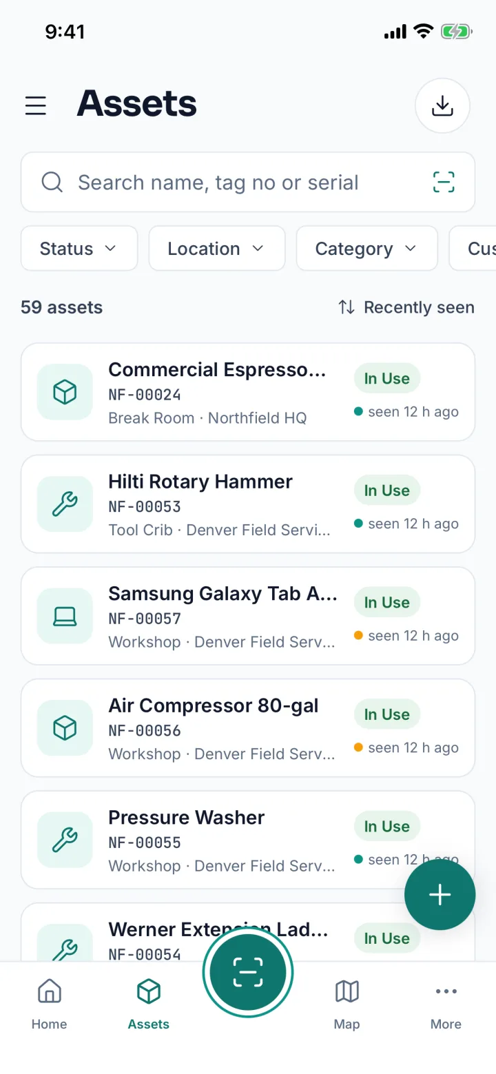 Asset list with search, filters and last-seen times (sample data)