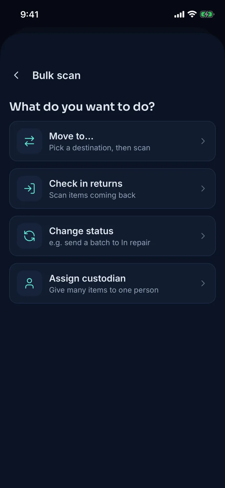 Bulk scan options: move to, check in returns, change status, assign custodian (sample data)