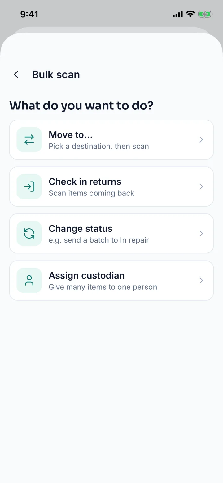 Bulk scan options: move to, check in returns, change status, assign custodian (sample data)