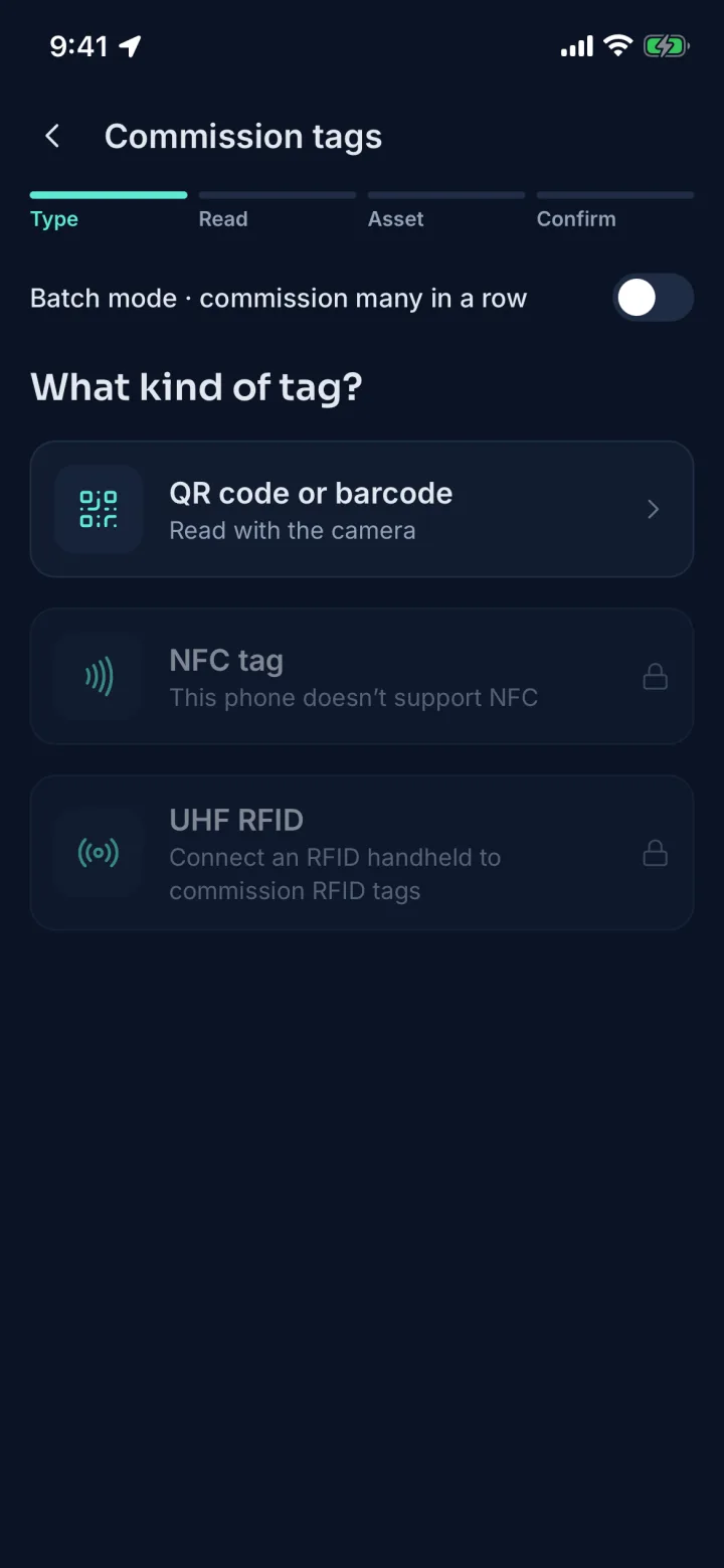 Commission tags screen choosing QR code or barcode, NFC tag or UHF RFID (sample data)