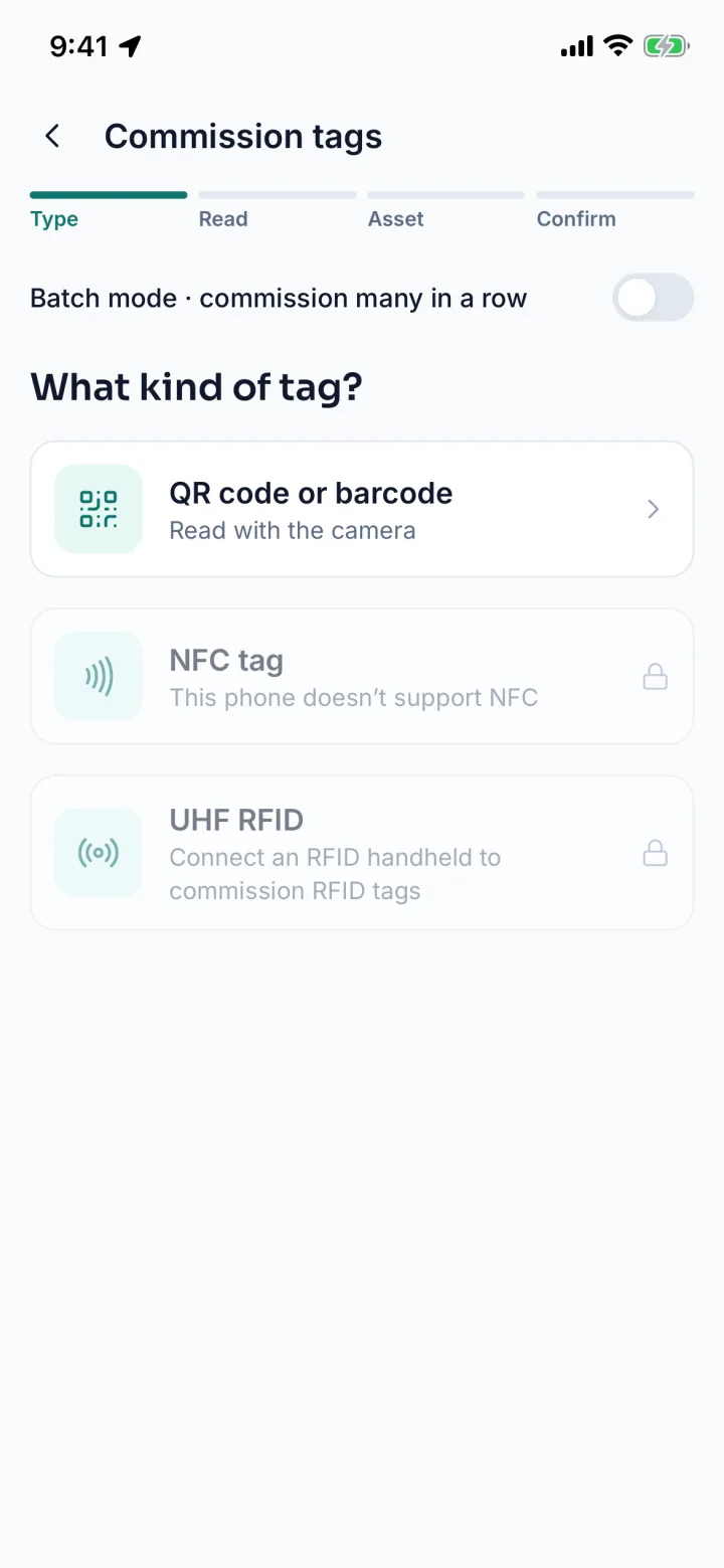 Commission tags screen choosing QR code or barcode, NFC tag or UHF RFID (sample data)