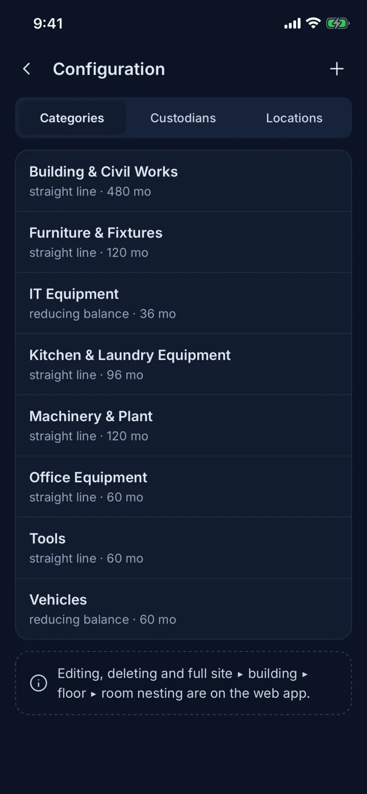 Configuration categories list (sample data)