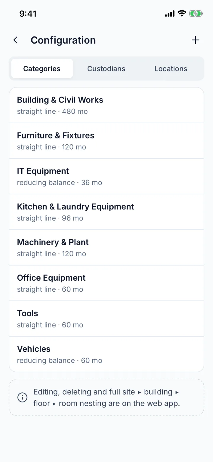 Configuration categories list (sample data)