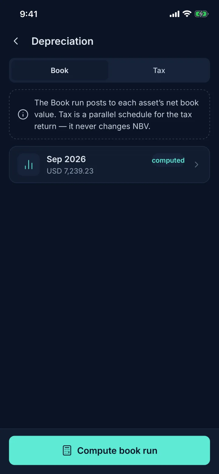 Depreciation screen with Book and Tax tabs and a computed September run (sample data)