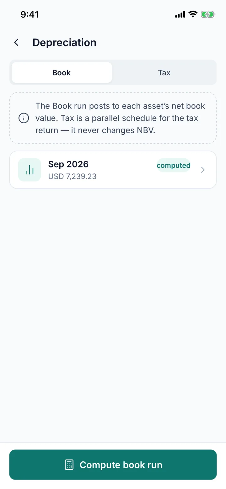 Depreciation screen with Book and Tax tabs and a computed September run (sample data)