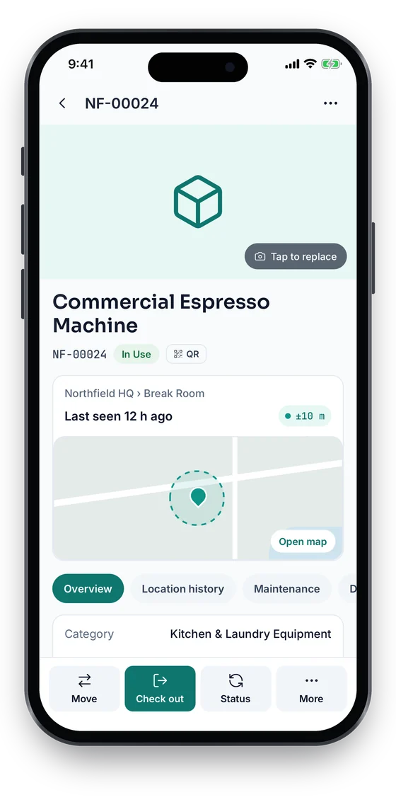 Asset 360 for a Commercial Espresso Machine, In Use, last seen at Northfield HQ with a ±10 m GPS fix on a map (sample data)