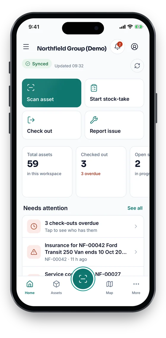 Asetavo app Home with quick actions, total assets, checked out and overdue counts, and a Needs attention list (sample data)