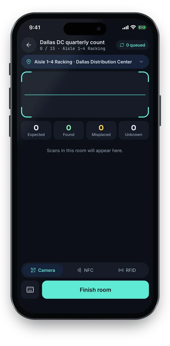 Counting Aisle 1–4 Racking with expected, found, misplaced and unknown counters and a queued-scans badge (sample data)