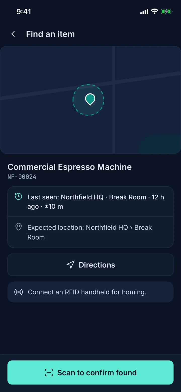 Find an item screen with last-seen place, expected location and directions (sample data)