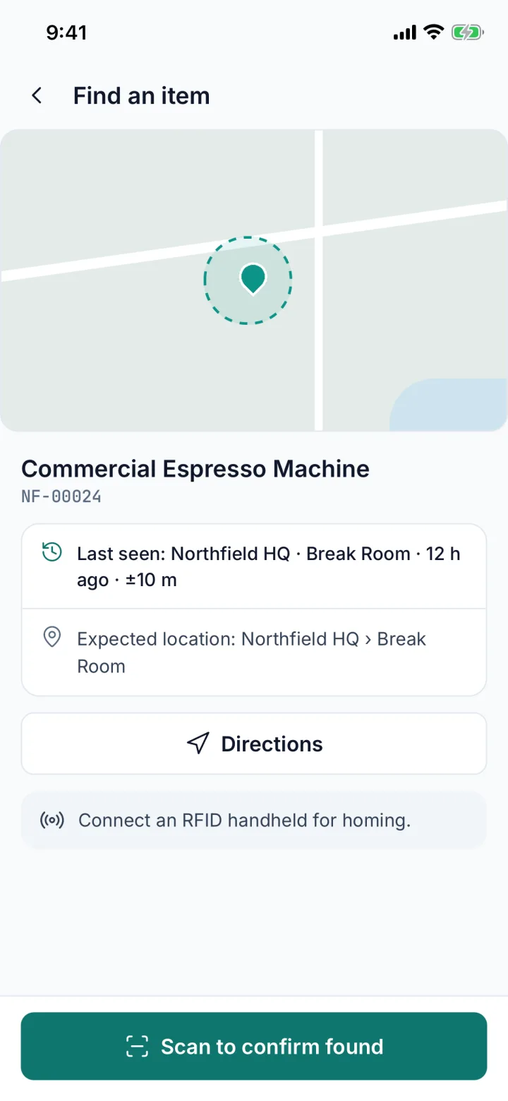 Find an item screen with last-seen place, expected location and directions (sample data)