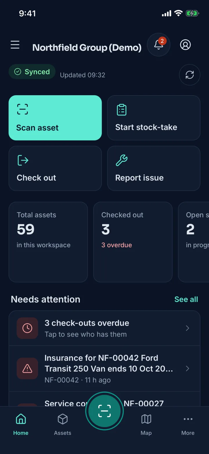 Asetavo app Home with quick actions, total assets, checked out and overdue counts, and a Needs attention list, dark theme (sample data)