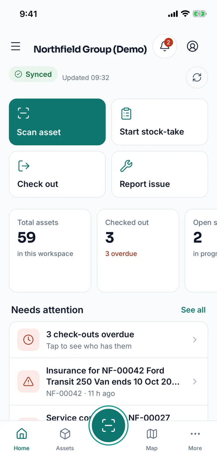 Asetavo app Home with quick actions, total assets, checked out and overdue counts, and a Needs attention list (sample data)