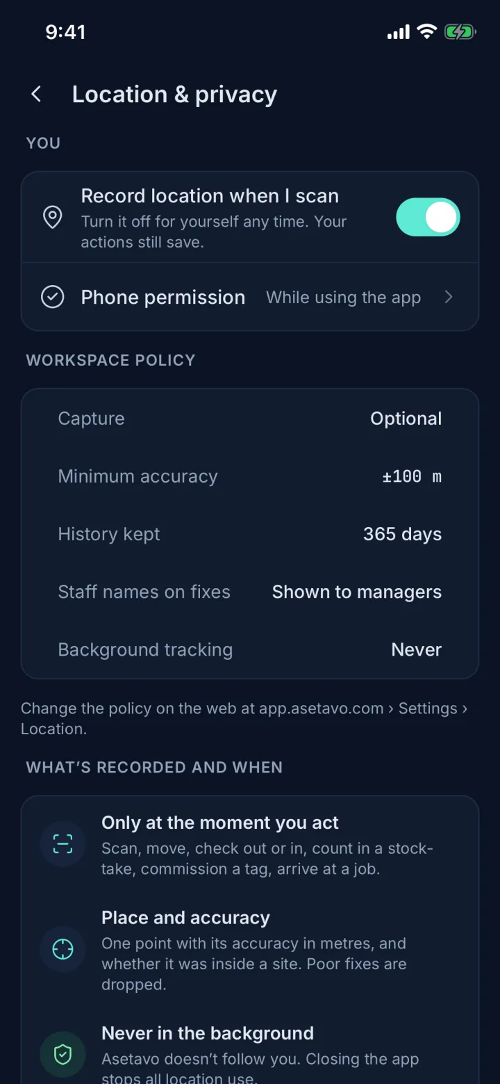 Location and privacy settings with workspace policy and background tracking Never (sample data)