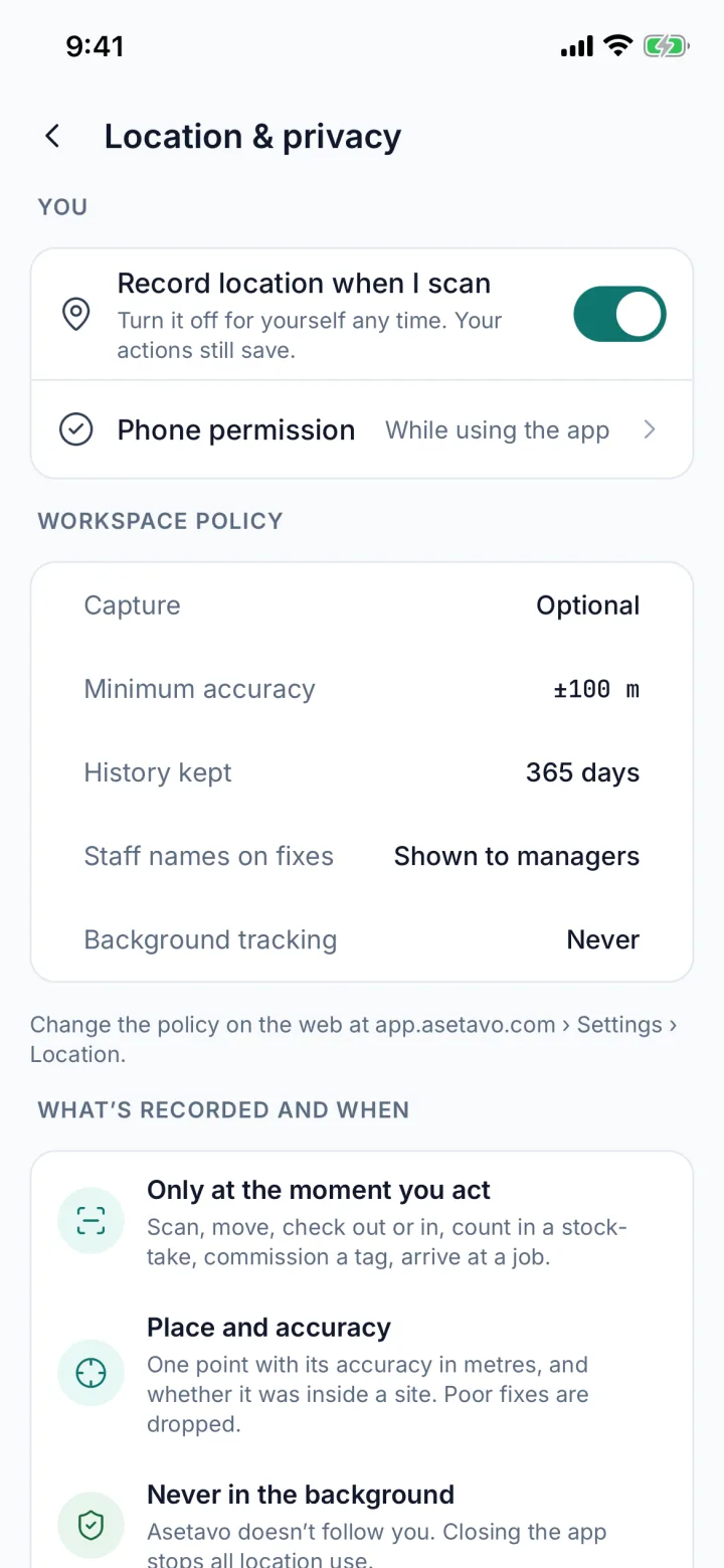 Location and privacy settings with workspace policy and background tracking Never (sample data)