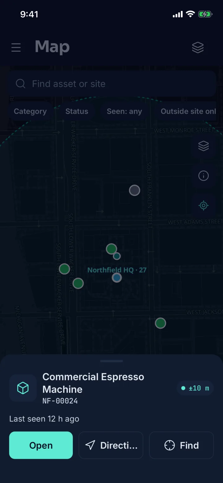 Map zoomed to an asset pin with Open, Directions and Find buttons (sample data)