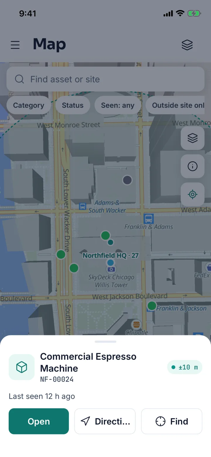 Map zoomed to an asset pin with Open, Directions and Find buttons (sample data)