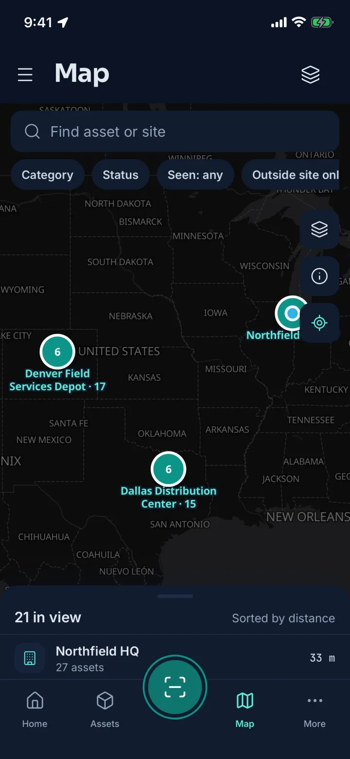 Map of Chicago, Dallas and Denver sites with asset clusters, dark theme (sample data)