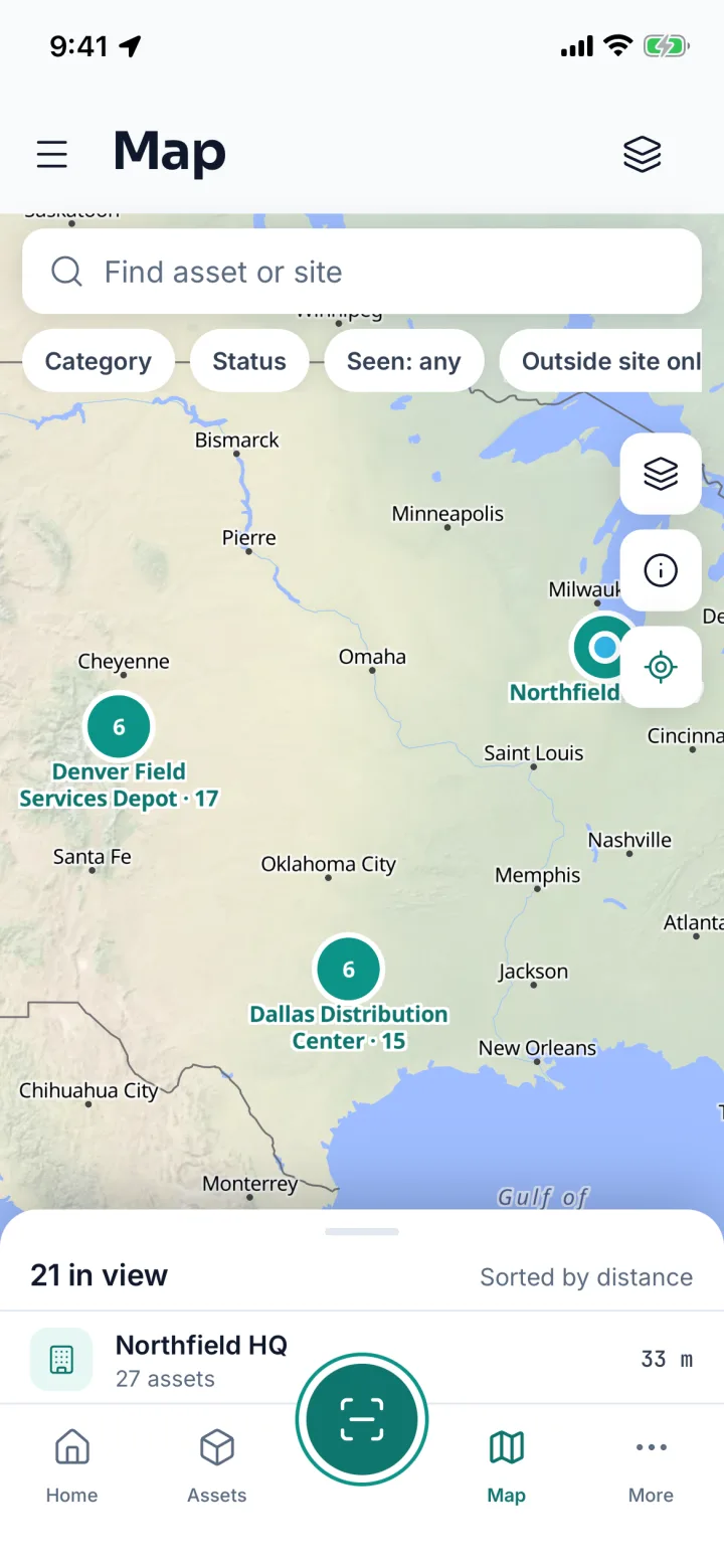 Map of Chicago, Dallas and Denver sites with asset clusters (sample data)