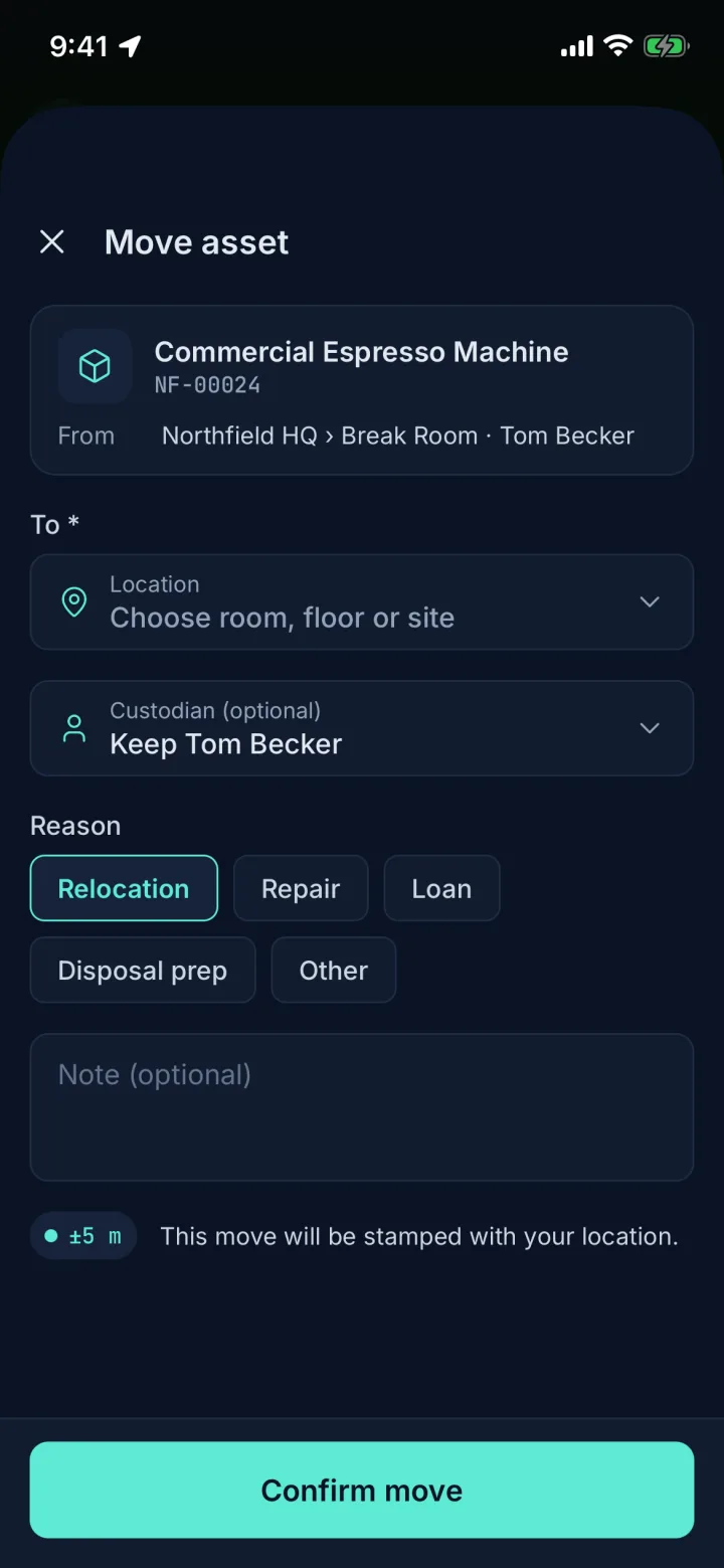 Move asset sheet with destination, custodian, reason and a ±5 m location stamp (sample data)