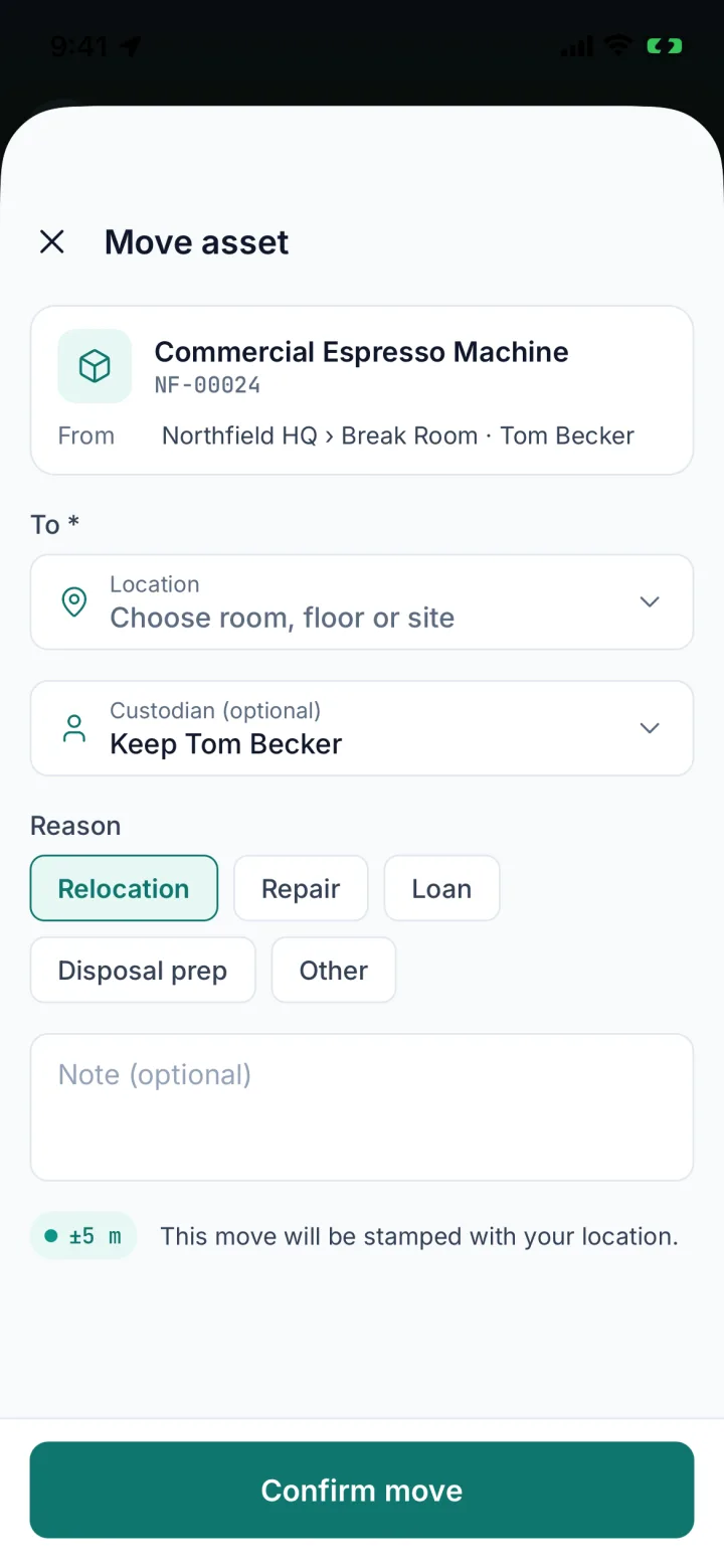 Move asset sheet with destination, custodian, reason and a ±5 m location stamp (sample data)