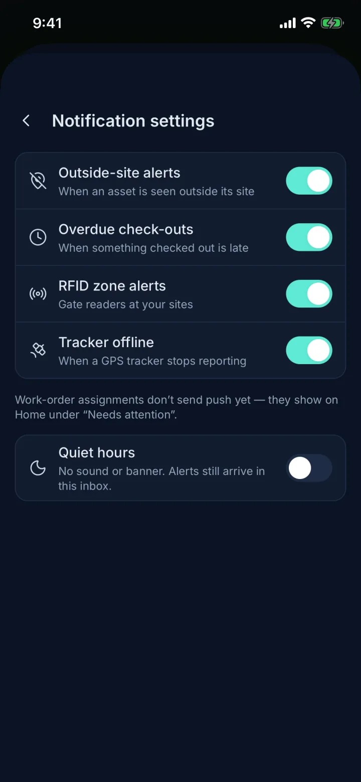 Notification settings with alert types and quiet hours (sample data)