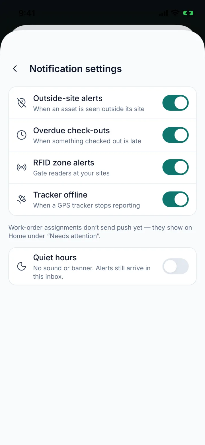 Notification settings with alert types and quiet hours (sample data)