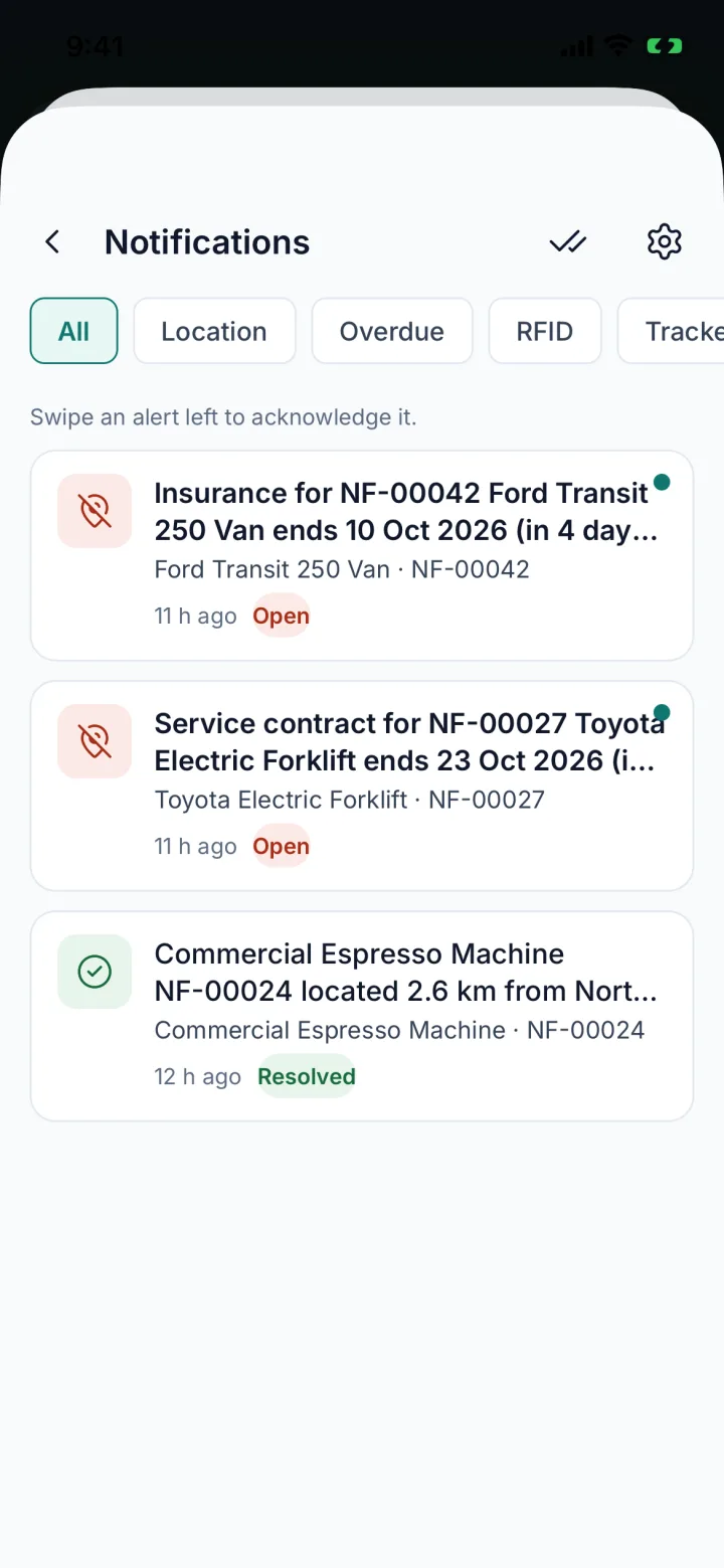 Notifications inbox with contract and location alerts (sample data)