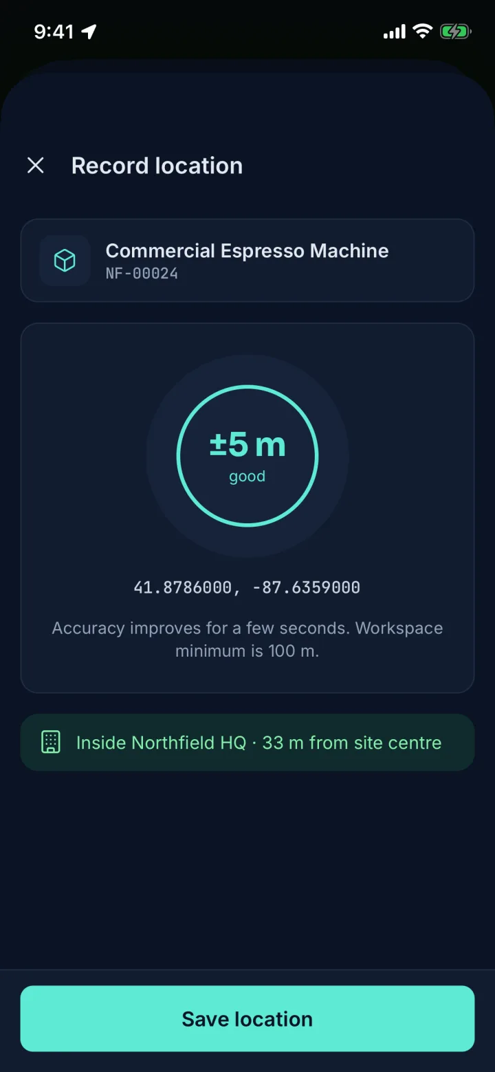 Record location screen with ±5 m accuracy and Inside Northfield HQ (sample data)