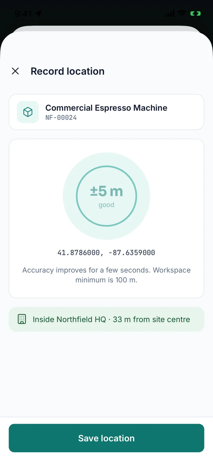 Record location screen with ±5 m accuracy and Inside Northfield HQ (sample data)