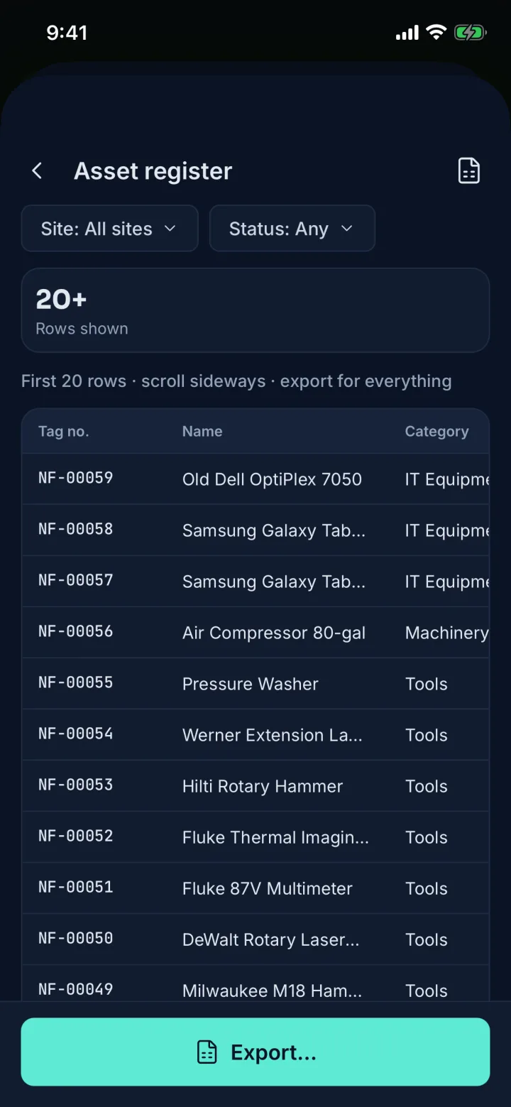 Asset register preview table filtered by site and status (sample data)