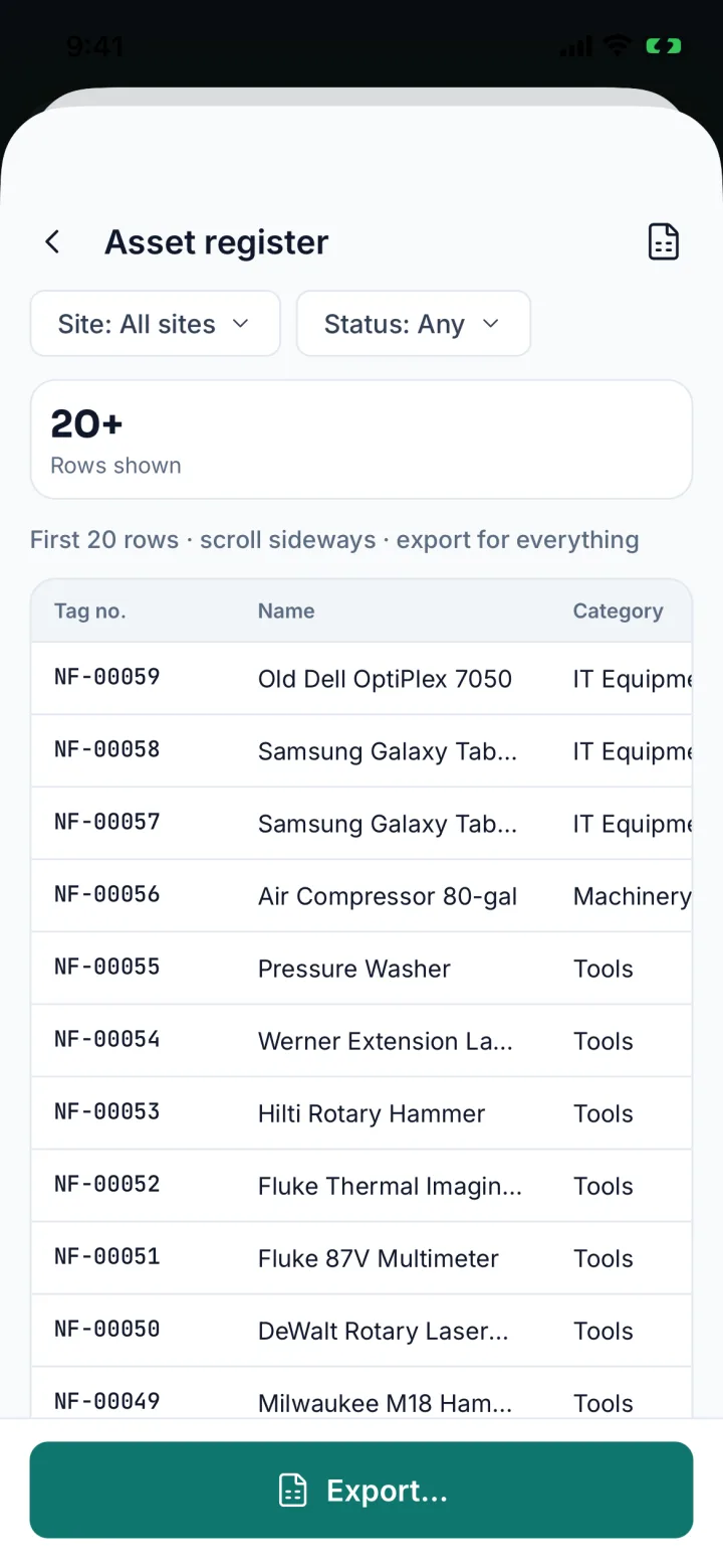 Asset register preview table filtered by site and status (sample data)