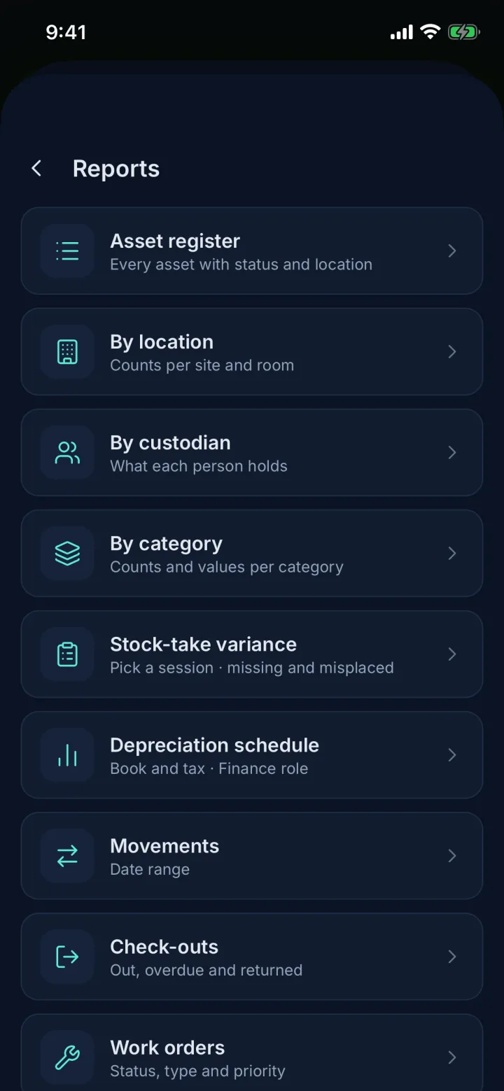Reports list including stock-take variance (sample data)
