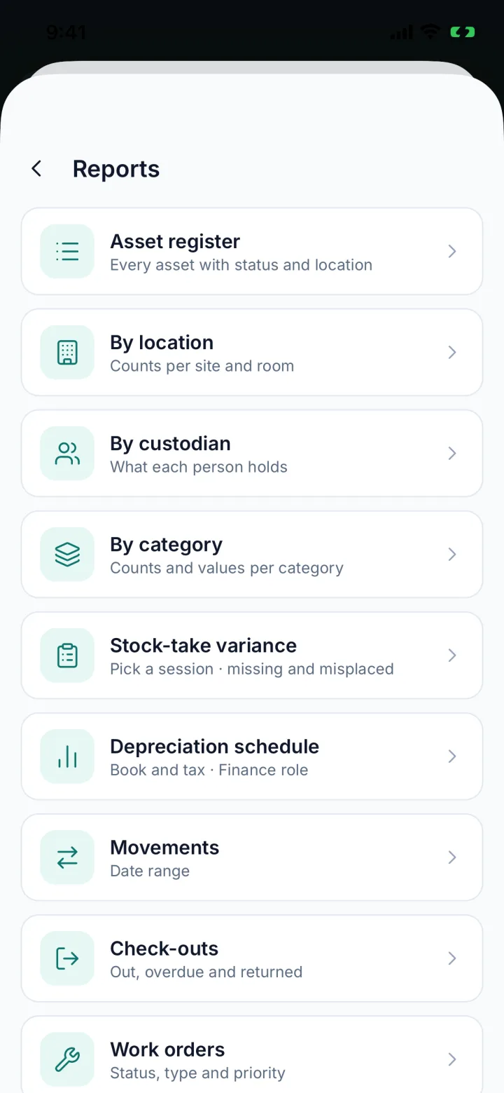 Reports list including stock-take variance (sample data)