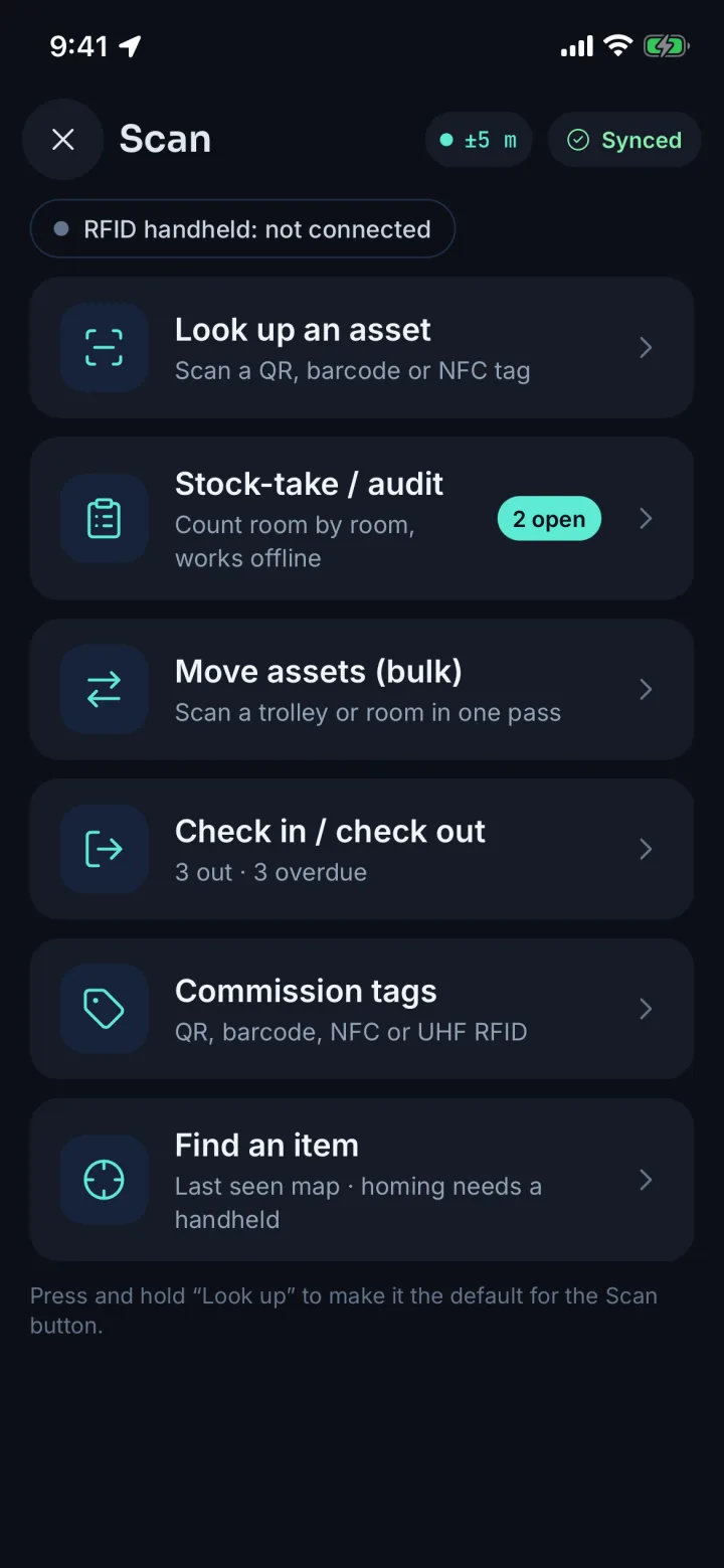 Scan hub listing look up, stock-take, bulk move, check in and out, commission tags and find an item (sample data)