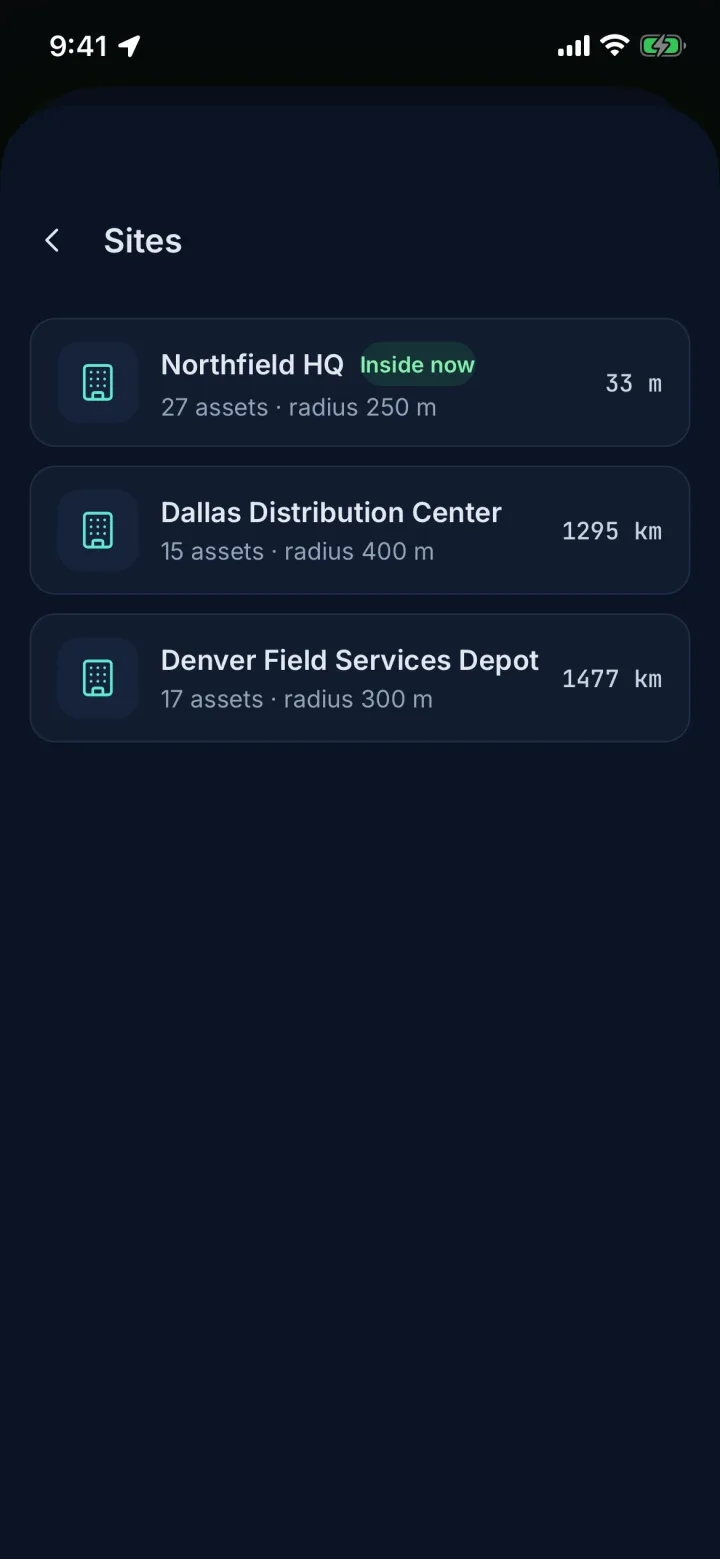 Sites list with Northfield HQ marked Inside now (sample data)
