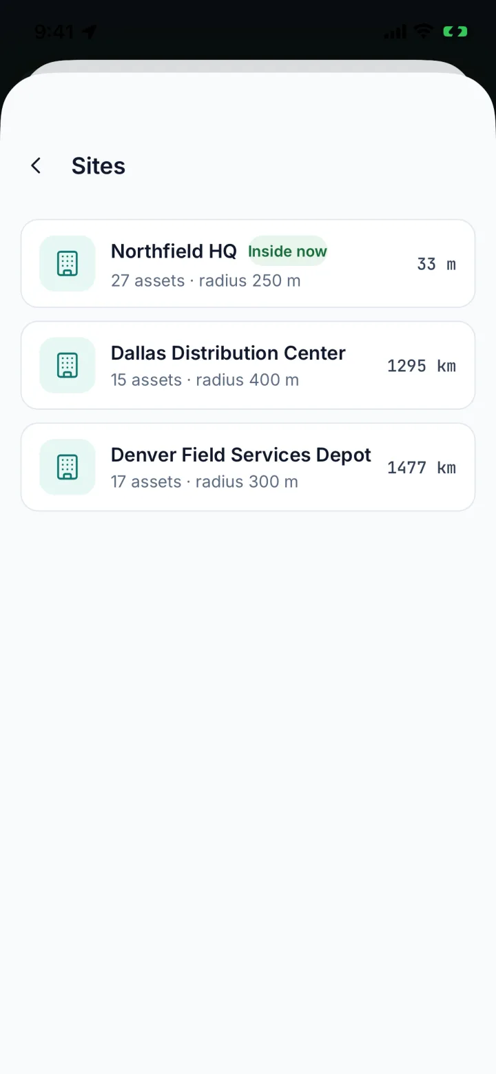 Sites list with Northfield HQ marked Inside now (sample data)