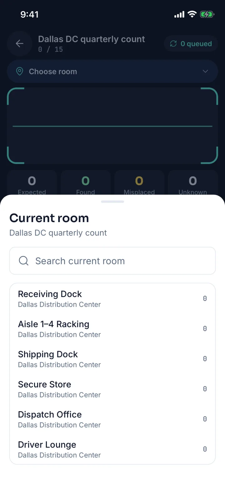 Stock-take Dallas DC quarterly count choosing the current room (sample data)