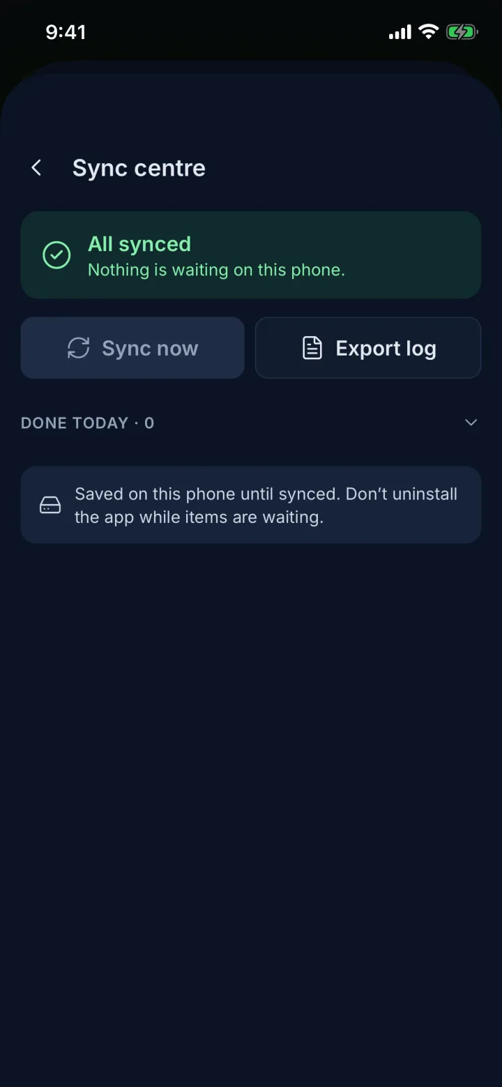 Sync centre showing All synced with Sync now and Export log (sample data)