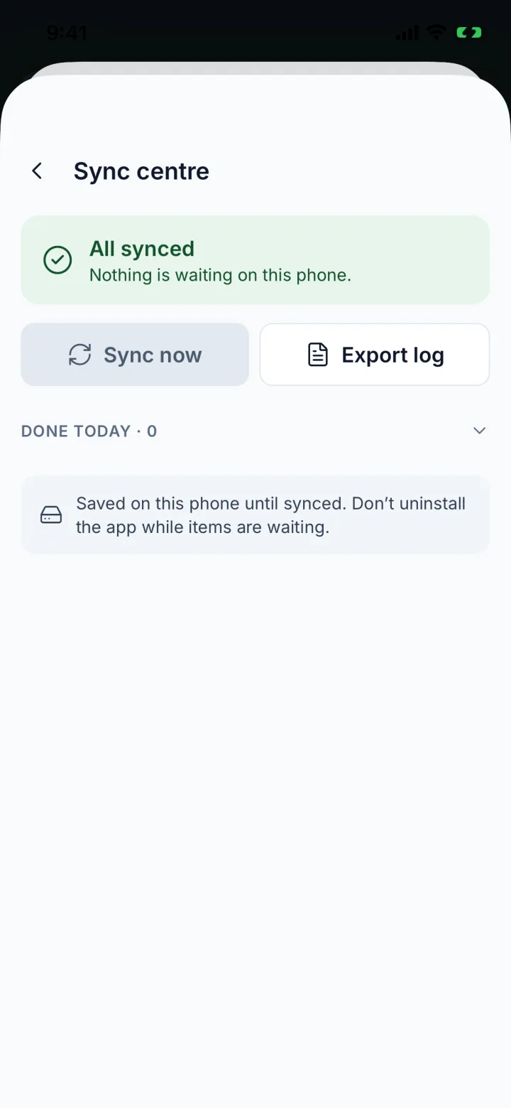 Sync centre showing All synced with Sync now and Export log (sample data)