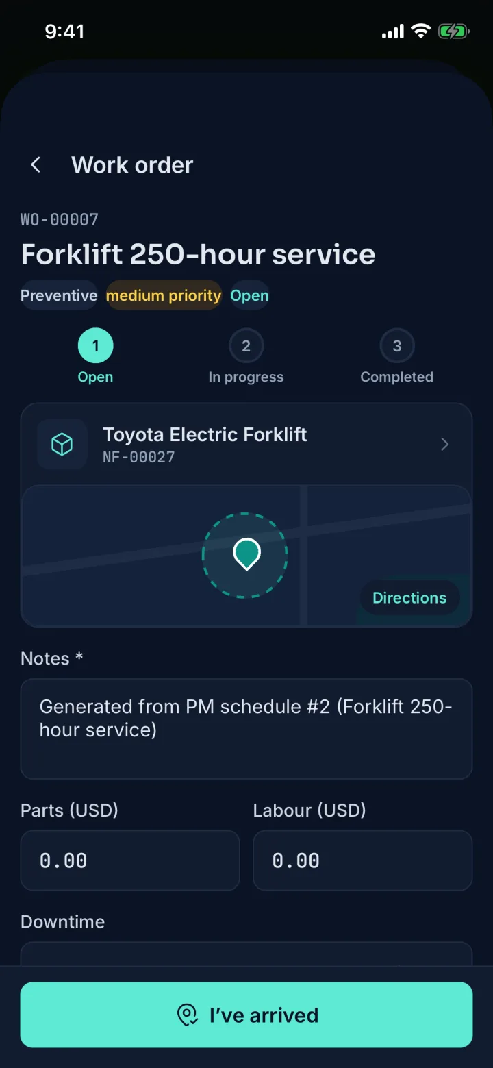 Work order WO-00007 Forklift 250-hour service with a status stepper, notes and costs (sample data)