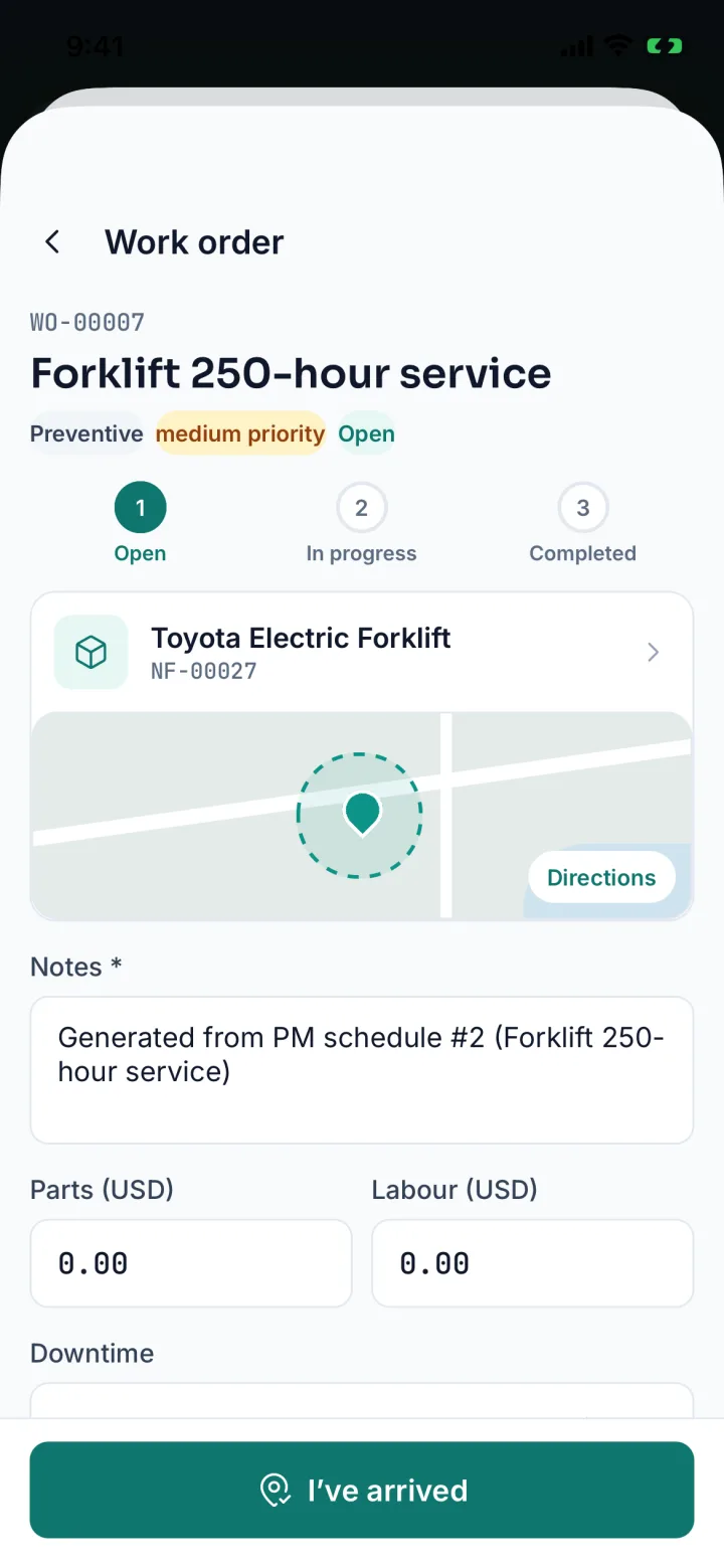 Work order WO-00007 Forklift 250-hour service with a status stepper, notes and costs (sample data)